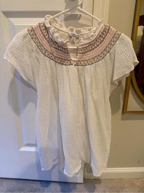 Current Air Ivory Smocked Yoke Blouse with Coral and Blue Accents